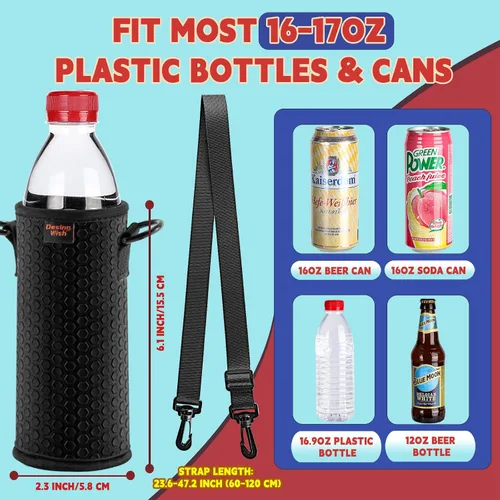 Miniatura 2 de Fundas aislantes portátiles de plástico de 16.9 onzas, fundas aislantes de 16, 17, 18 onzas, soporte para botellas/latas con correa para el hombro