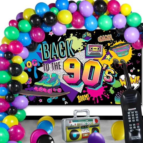 Miniatura 8 de Breling Decoraciones de fiesta de los años 80 y 90: paquete temático de música retro con boombox inflable y teléfono móvil, telón de fondo, 55
