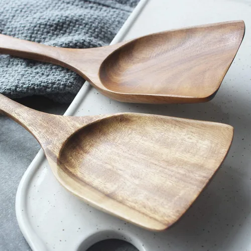Miniatura 8 de FJNATINH Espátula grande de madera para wok, 13 pulgadas de teca natural de mango largo recubierto de resina natural, hecha a mano para utensilios
