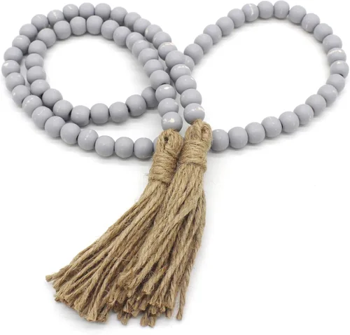 Miniatura 20 de CVHOMEDECO. Guirnalda de cuentas de madera con borlas, diseño rústico de granja, cadena de cuentas de oración para colgar en la pared, acento