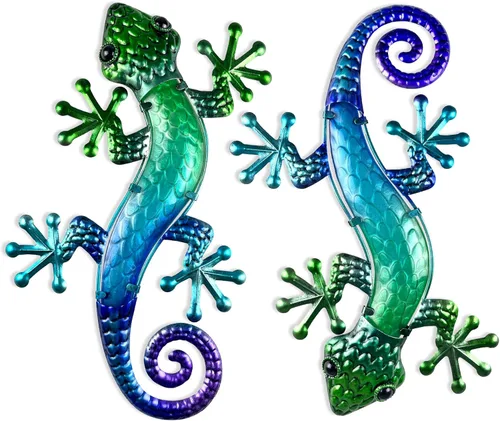 Miniatura 10 de HONGLAND Arte de pared de Gecko de metal, 2 unidades de lagarto de 15 pulgadas, decoración para exteriores, escultura de vidrio colgante, decoración