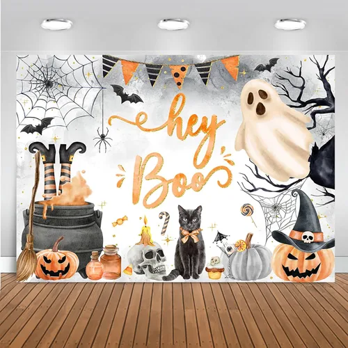 Miniatura 5 de Mocsicka Telón de fondo de Halloween para decoración de fiesta de baby shower de niño Boo-y, pancarta azul, bonita y espeluznante (8 x 6 pies)