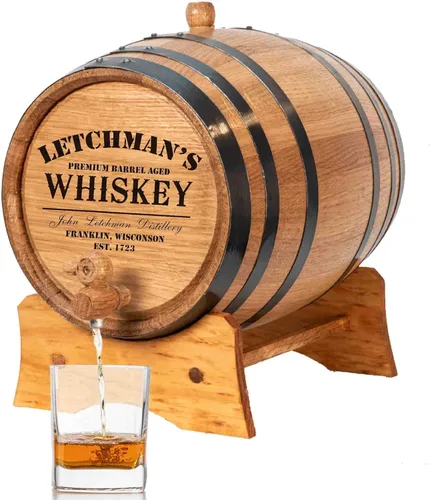 Barril personalizado de 2 litros de roble americano para envejecimiento de whisky con soporte de madera, tapón y canilla - Mini barriles de 2L para