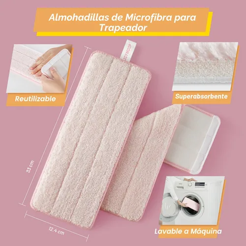 Miniatura 9 de JOYMOOP Juego de trapeador y cubeta rosa con escurridor para el hogar, con 3 almohadillas de microfibra reutilizables, sistema de autolimpieza sin