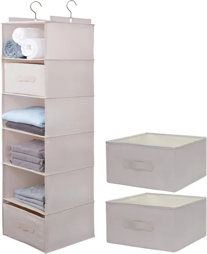 Miniatura 13 de Organizador colgante grande de suéter para armario, estantes colgantes plegables de 6 estantes con cajones, lavable (beige, 6 estantes)