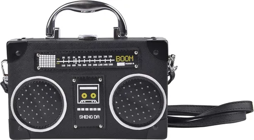 Miniatura 11 de QZUnique Bolso de hombro en forma de cinta con grabador de radio PU Crossbody bolso de noche retro para mujer, bolso de mano