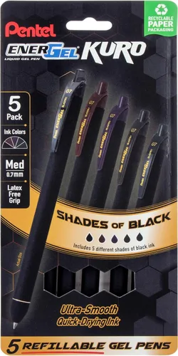 Pentel EnerGel Kuro - Bolígrafo retráctil de gel líquido, Sombras de negro, punta de 0.7mm, tinta negra surtida, paquete de 5 bolígrafos (BL437PF5MA)
