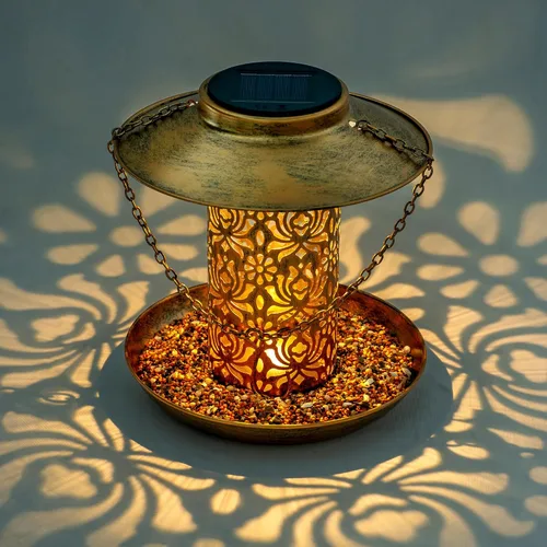 Miniatura 2 de Ottsuls Comedero solar para pájaros para colgar al aire libre, farol de jardín de cardenales salvajes de metal con gancho en S, comedero para Marrón