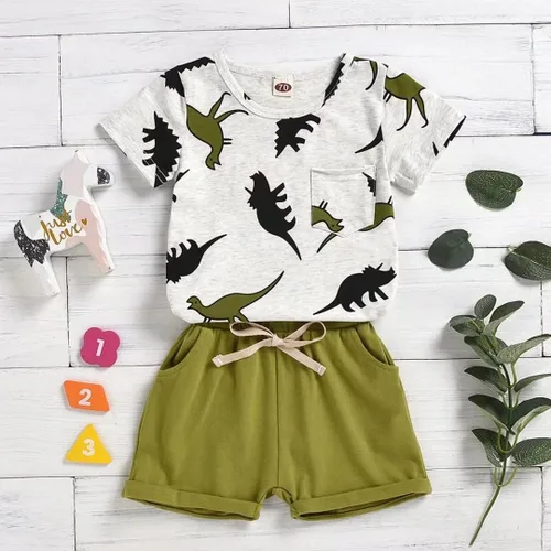 Miniatura 4 de Conjunto de camiseta y pantalones cortos de dinosaurio para niños pequeños de 6 meses a 5 años