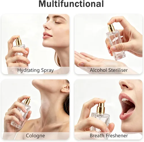 Miniatura 5 de Botella de perfume recargable de vidrio grueso de alta calidad de 3.4 fl oz (3.4 oz) con pulverizador dorado, incluye embudo, gotero de 0.1 fl oz