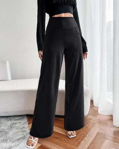 Miniatura 4 de Promover - Pantalones anchos para mujer, pantalones de yoga con bolsillos, cintura alta, elásticos, pantalones de chándal, talla pequeñaregularalta