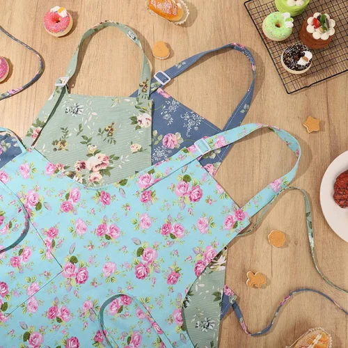 Miniatura 5 de Auidy_6TXD Paquete de 3 delantales florales para mujer, delantales de cocina ajustables con 2 bolsillos, delantal vintage con diseño floral de rosa