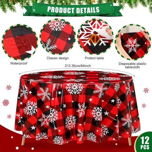 Miniatura 2 de Ganeen 12 manteles redondos de Navidad con diseño de copos de nieve de 84 pulgadas, mantel de plástico a cuadros rojos y negros, para fiesta