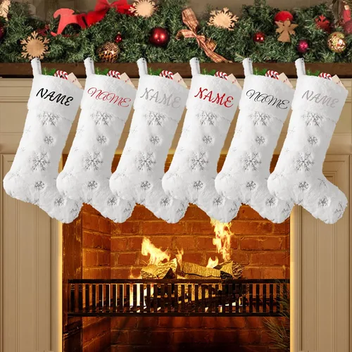Miniatura 22 de Calcetines negros de piel sintética de Navidad, 1 paquete grande de 22 pulgadas, medias colgantes de felpa negra con nombre personalizado con copos