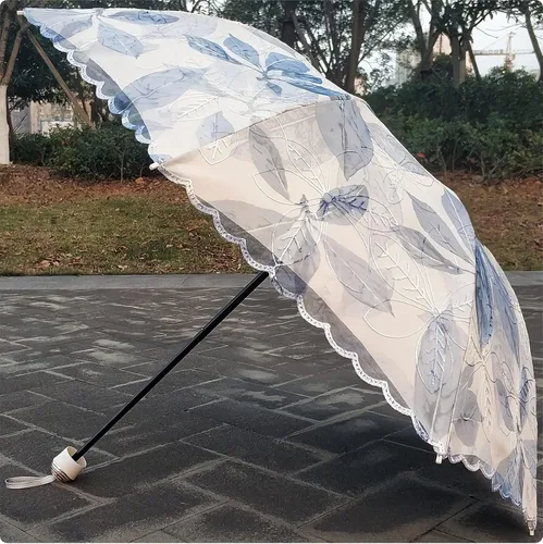 Miniatura 4 de URAWESO Parasol bordado encaje protección UV hoja impresa paraguas plegable para playa, viajes, boda, fiesta, decoración sesión de fotos