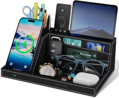 TopMade Organizador de mesita de noche de escritorio con cargador inalámbrico, soporte de cuero para bolígrafos, accesorios de oficina, estación de