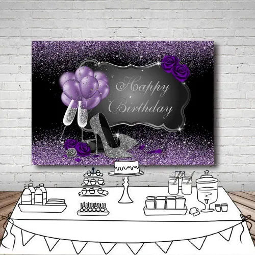Miniatura 5 de MEHOFOND Accesorios de fondo de fotos en negro y morado, tacones altos plateados, globos de champán, globos de rosa morada, globos de mujer