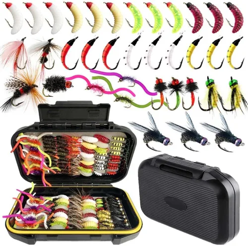 Miniatura 10 de Fly Fishing Flies Kit Trout Steelhead Salmon Bass Flies Assortment 32Pcs-148pcs Include Dry Wet Flies Nymphs Streamers Maggot, Fly Lure Set 24