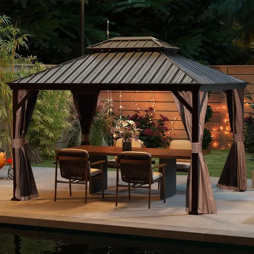 Miniatura 14 de Domi - Cenador permanente de metal con techo rígido de 8 x 8 pies, con doble techo de acero galvanizado, cortinas y malla para fiestas, bodas, Gris