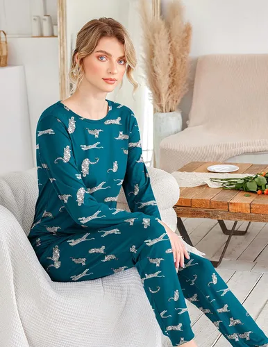 Miniatura 294 de Ekouaer Conjunto de pijama de manga larga para mujer, ropa de dormir suave con cuello redondo y bolsillos