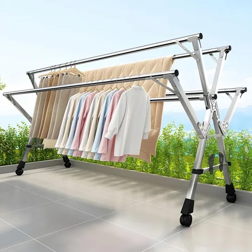 Miniatura 6 de Estante de secado de ropa ajustable de 5 bares, soporte plegable de acero inoxidable con ruedas bloqueables, extensible de 59 a 94.5 pulgadas