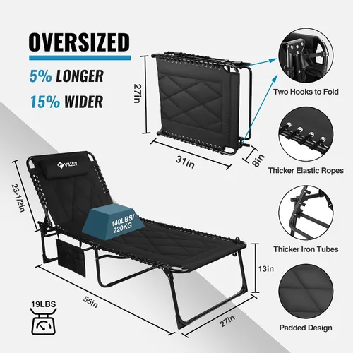 Miniatura 3 de VILLEY Hamaca reclinable extra grande acolchada con cojín, cuna de camping plegable, sillas de salón reclinables para patio, cama plegable