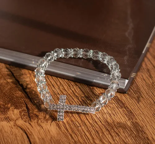Miniatura 5 de Pulsera de plata con cuentas de cruz de diamantes de imitación para bautismo, primera comunión, rosario de perlas cristianas católicas con bolsa