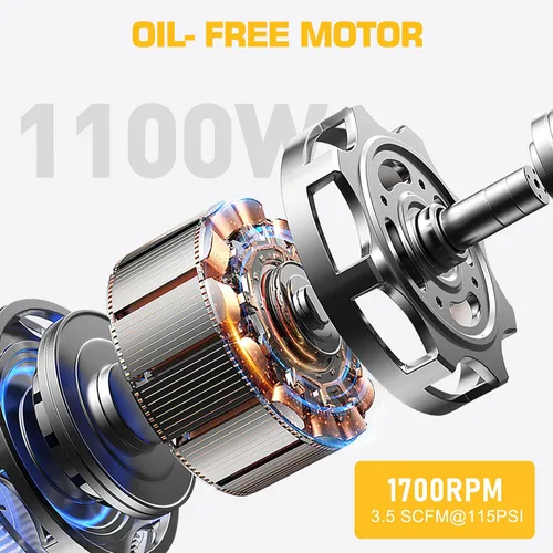 Miniatura 3 de Compresor de Aire Ultra Silencioso, 65dB, Sin Aceite, Acopladores Rápidos, 115PSI, Eléctrico Portátil para Neumáticos de Coche y Bicicleta, Pistola