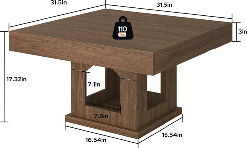 Miniatura 2 de knoworld Mesa auxiliar cuadrada, mesa de centro de madera con almacenamiento y casa para gatos, mesa de cóctel marrón rústica para sala de estar