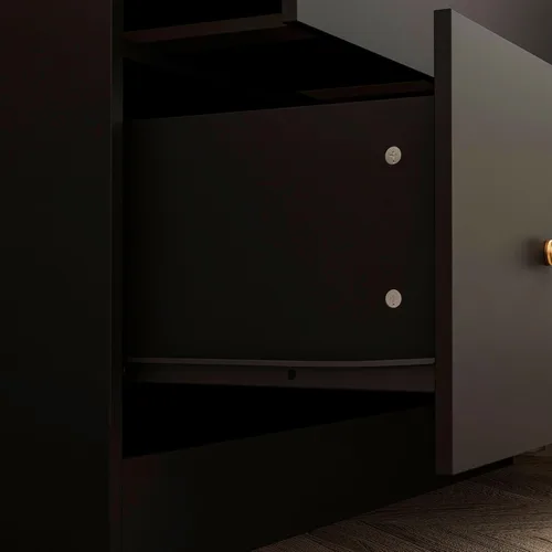 Miniatura 7 de Homsee Armario de madera con espejo, 2 puertas, 2 cajones, 4 cubos de almacenamiento abiertos y barra para colgar para dormitorio, negro