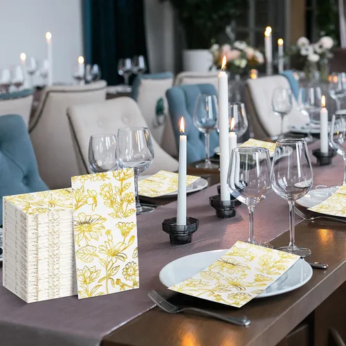 Miniatura 5 de Pasimy 100 servilletas de papel dorado desechables para invitados, servilletas de cóctel de papel floral, elegantes toallas de mano para cena