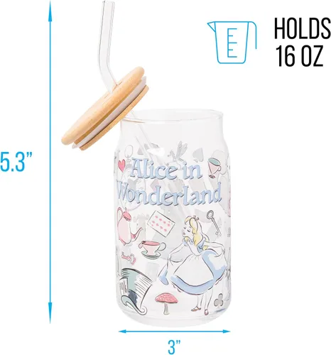 Miniatura 2 de Silver Buffalo Disney Alice in Wonderland Tarro de vidrio con tapa de bambú y pajita de vidrio, 16 onzas