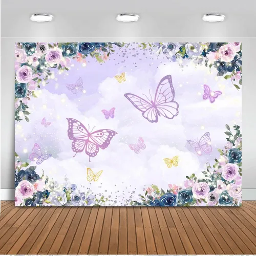 Mocsicka Fondo de mariposa violeta - Fondo de decoración de fiesta de niña floral púrpura - Boda, cumpleaños, baby shower - 6 x 4 pies