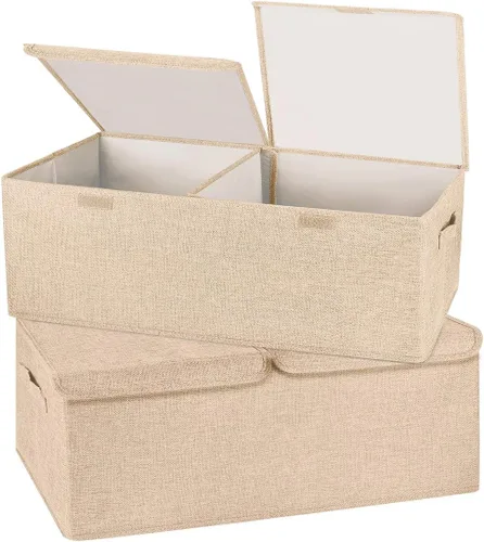 Paquete de 2 cajas de almacenamiento con tapas y asas, contenedores plegables de lino organizadores con divisor extraíble para el hogar, dormitorio,