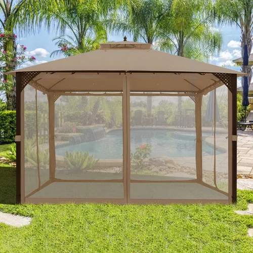Miniatura 8 de Tangkula Cenador de patio de 10 x 12 pies con red, cenador para exteriores con techo doble ventilado, paredes laterales de malla, gancho superior