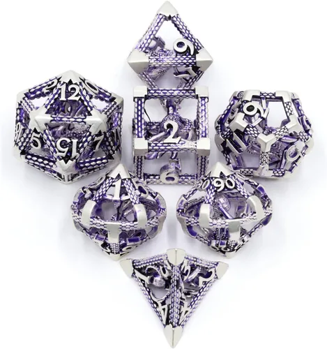 Miniatura 18 de D&D Dice, Dungeons and Dragons Dice HNCCESG Juego de dados de metal poliédricos huecos para juegos de mesa RPG MTG (Dragon Silver Blood Spot)
