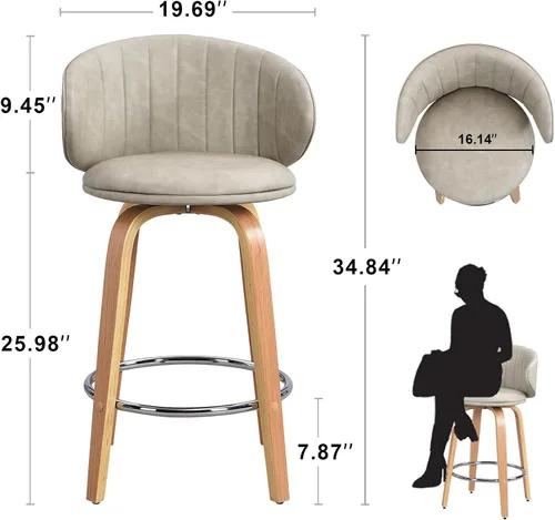 Miniatura 2 de Juego de 2 taburetes de bar modernos de madera curvada de mediados de siglo, taburetes giratorios de piel sintética con respaldo para encimera