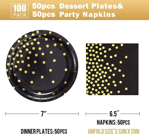Miniatura 2 de Black Gold Paper Plates and Napkins-100 PCS-50 x 7''Dessert Plates & 50 x 6.5''Napkins,Gold Dots Paper Plate Party Supplies,for Azul Dorado