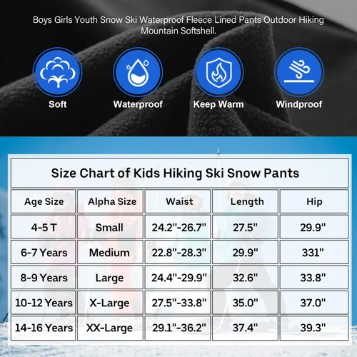 Miniatura 7 de Pantalones de esquí de nieve para niños, senderismo, niños, niñas, impermeables, resistentes al viento, forro polar cálido y aislado