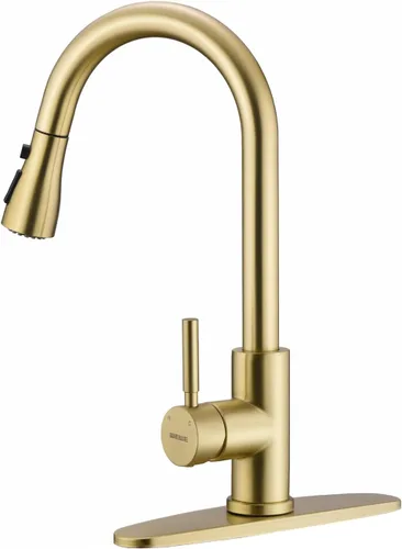 Grifo de cocina dorado cepillado con rociador extraíble WEWE, grifo de cocina dorado monomando de acero inoxidable latón cobre comercial RV 1 o 3