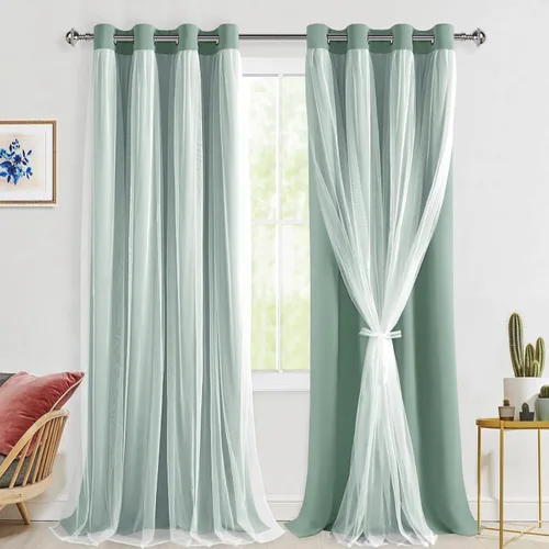 Miniatura 19 de Hiasan Cortinas opacas con superposición transparente, aislamiento térmico para mezclar y combinar de doble capa, cortinas de oscurecimiento de Beige