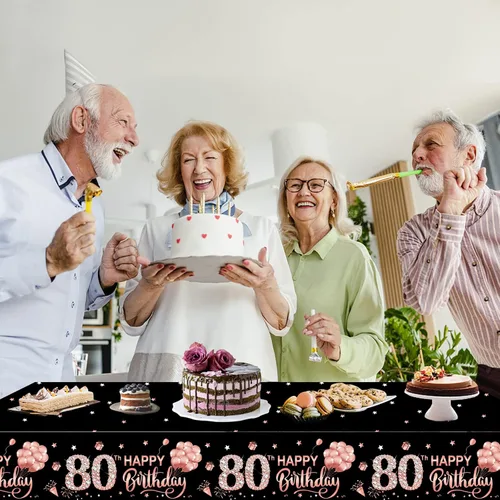 Miniatura 5 de Paquete de 3 manteles de color oro rosa para cumpleaños n.° 80, suministros para fiestas, mantel rectangular desechable de plástico Oro rosa 80