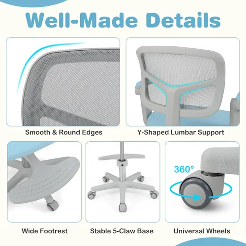 Miniatura 7 de HONEY JOY Silla de escritorio para niños, silla de estudio para niños con altura ajustable, reposabrazos/reposapiés, silla giratoria de malla