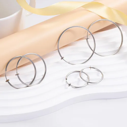 Miniatura 2 de HAISWET Juego de 3 aretes de aro de acero inoxidable con clip grande en tono plomizo