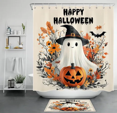 Miniatura 22 de HVEST Cortina de ducha con ganchos, calabaza espeluznante y fantasma con sombrero de bruja negro, juego de cortina de ducha naranja con flores