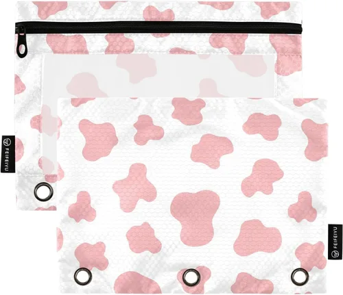 Gredecor Estuche para lápices con 3 anillas, diseño de vaca rosa abstracta, con cremallera, 2 unidades, organizador de carpetas transparentes para
