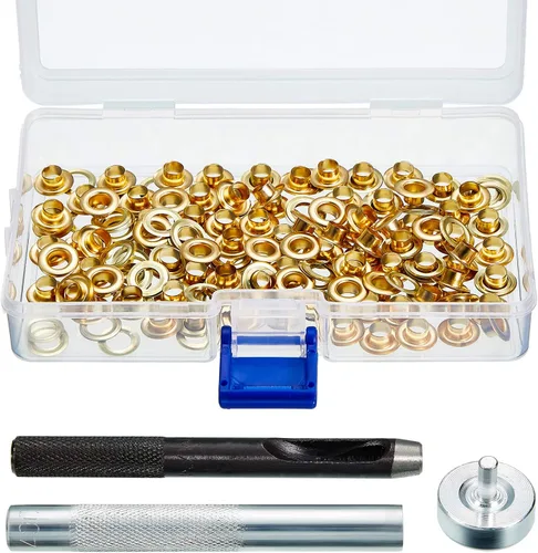 Miniatura 8 de Pangda Juego de 100 ojales con herramienta de ajuste y caja de almacenamiento para tela, lonas, cortinas Plata
