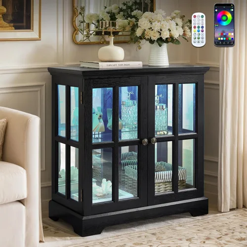Miniatura 11 de Gabinete de 32 pulgadas de alto LED Accent Curio con 7 luces de color para coleccionables, gabinete de almacenamiento moderno con puertas de vidrio