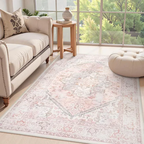 LIVEBOX Alfombra de área rosa de 4 x 6 pies, diseño floral oriental para dormitorio, alfombra vintage de pelo bajo, alfombras de interior para Rosa