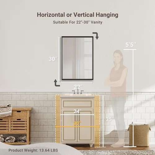 Miniatura 6 de Espejo para baño con marco negro de 22x30 pulgadas, espejo de tocador rectangular biselado negro, espejo de metal negro mate antióxido para pared
